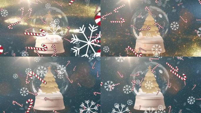 带有圣诞树装饰的圣诞雪球上掉落的雪和拐杖动画