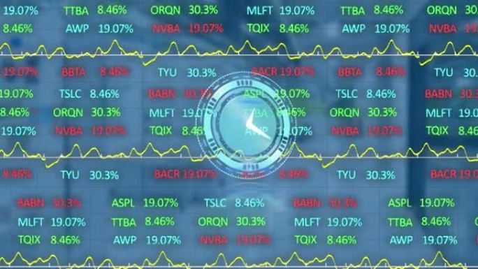 蓝色背景上移动时钟和金融数据处理的动画