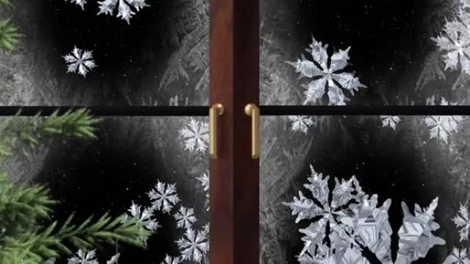 从灰色背景上的窗户看到雪花落下的圣诞树动画