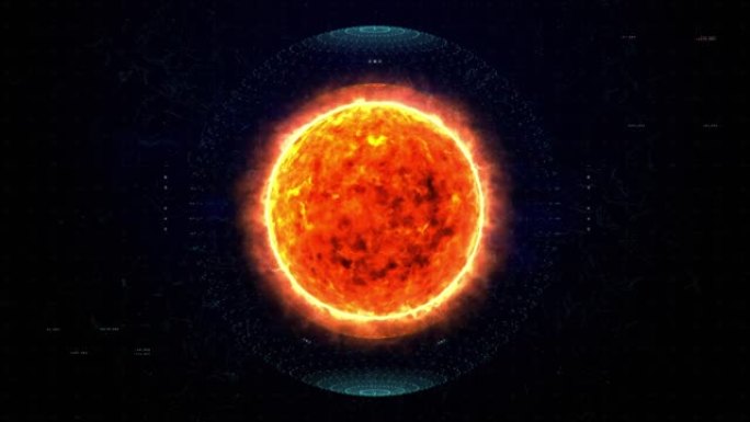 未来燃烧的太阳星与平视显示器接口。高科技在被恒星包围的深空中的太阳燃烧表面。具有热等离子体和核聚变反