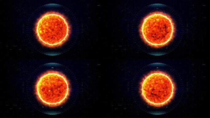 未来燃烧的太阳星与平视显示器接口。高科技在被恒星包围的深空中的太阳燃烧表面。具有热等离子体和核聚变反