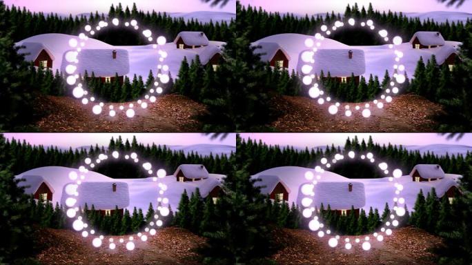 装饰仙女灯与房子和树木的冬季景观