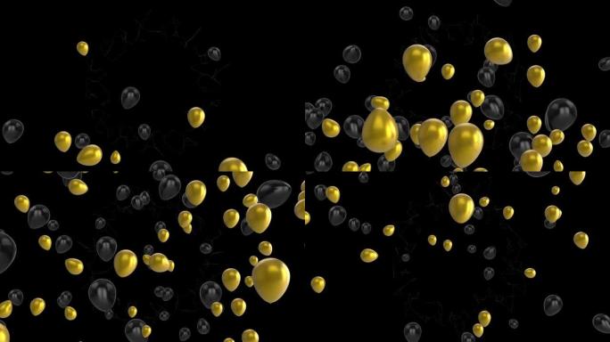 黑色背景上飞行彩色气球和移动连接网络的动画
