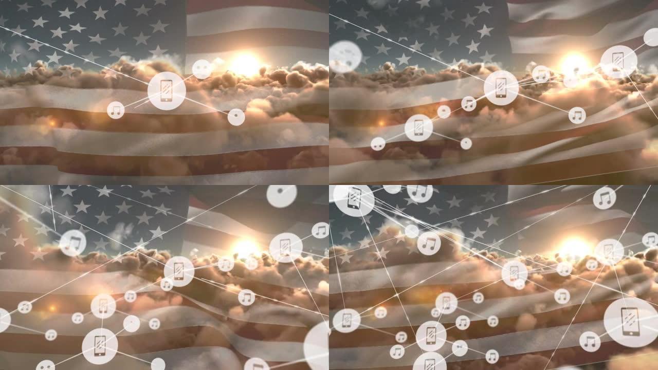 图标与智能手机的连接网络动画和美国国旗和云上的笔记