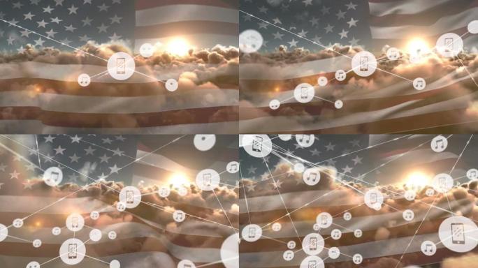 图标与智能手机的连接网络动画和美国国旗和云上的笔记