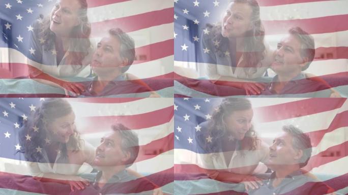 动画的美国国旗吹过微笑老夫妇交谈和拥抱