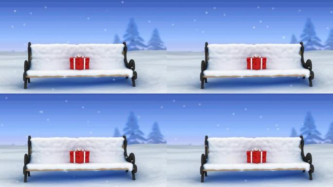 冬天风景中被雪覆盖的长凳上的圣诞节礼物上的雪的动画