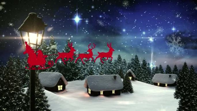 圣诞老人在雪橇上的动画与驯鹿在冬天的雪落下