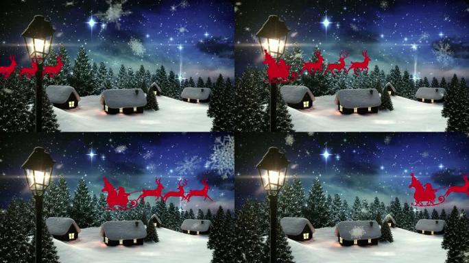 圣诞老人在雪橇上的动画与驯鹿在冬天的雪落下