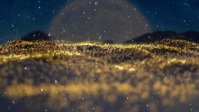 背景中飘落在发光金网上的雪花动画与月亮一起挥舞