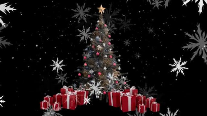 圣诞节雪花落在树上并在黑色背景上呈现的动画