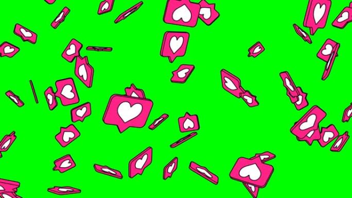 绿色色度键背景上的卡通风格粉色心形图标。