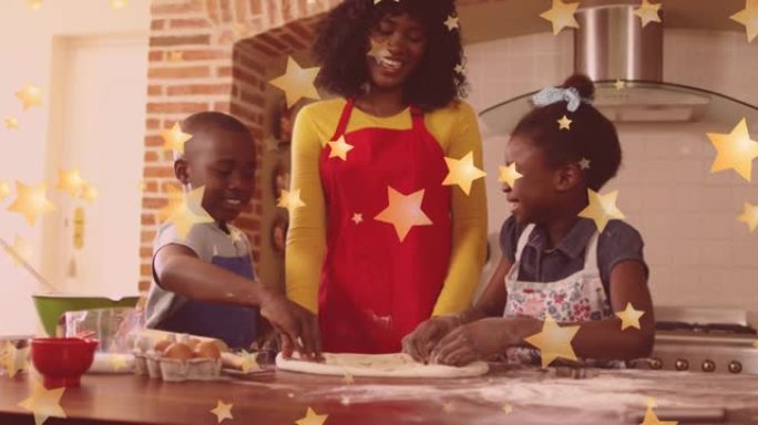圣诞节时，孩子们在快乐的非洲裔美国母亲身上落下星星的动画