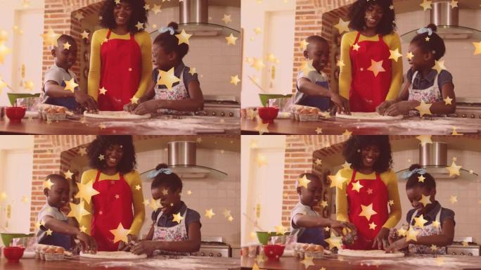 圣诞节时，孩子们在快乐的非洲裔美国母亲身上落下星星的动画