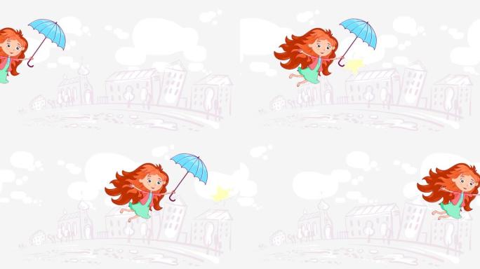 一个红头发的女孩打着伞飞
