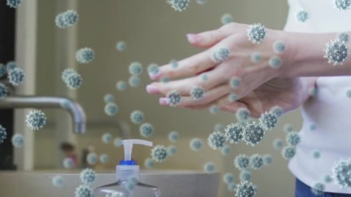 高加索妇女洗手时covid 19病毒细胞的动画