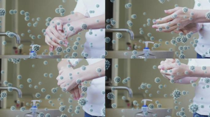 高加索妇女洗手时covid 19病毒细胞的动画