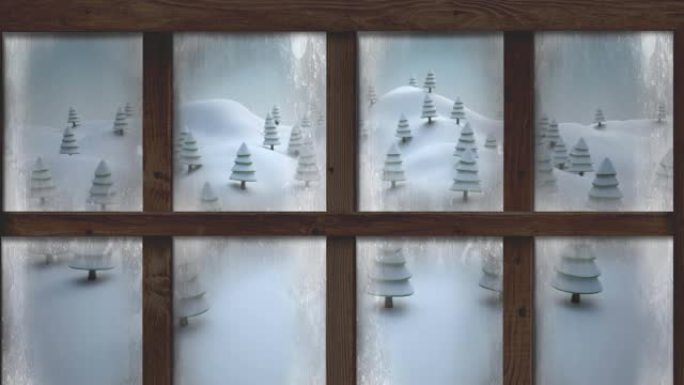 透过窗户看到枞树的圣诞冬季风景动画
