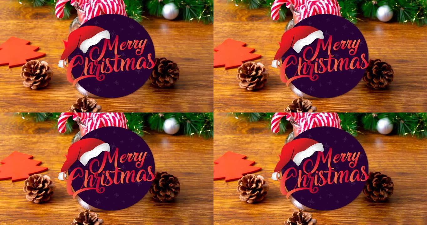 木制背景上圣诞快乐文字和装饰的动画