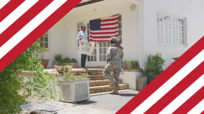 动画的男士兵拥抱微笑的女儿在美国国旗