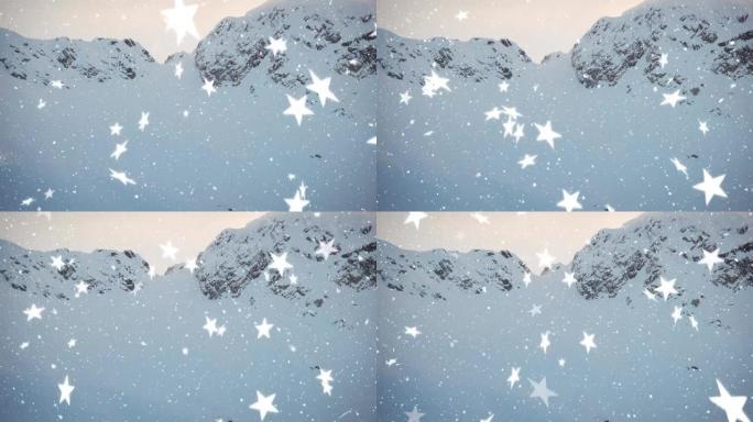 冬季景观上飘落的星星和雪的动画