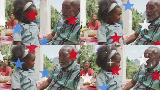 非裔美国人祖父和外孙女身上的美国国旗颜色的星星动画