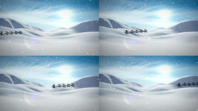 雪落在雪橇上的圣诞老人上，被驯鹿拉向冬季景观