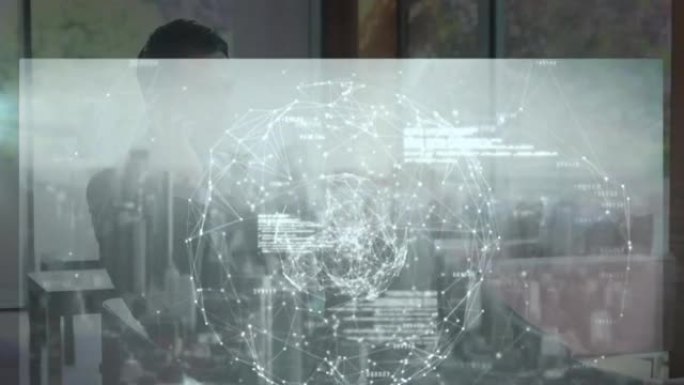 办公室高加索商人屏幕上的金融数据处理动画