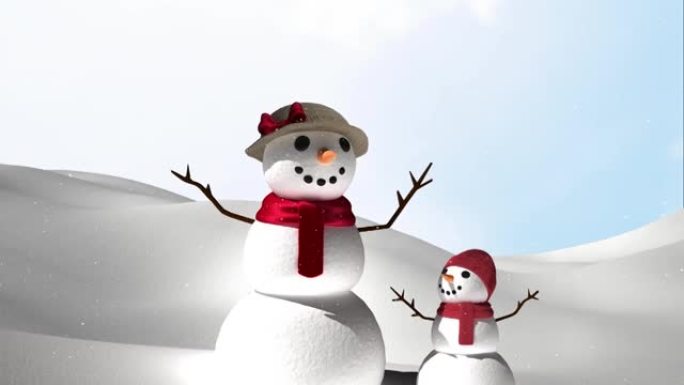 冬季风景中雪花飘落雪人的动画