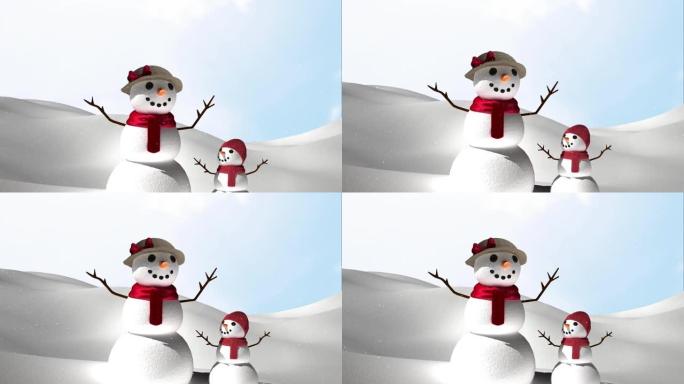 冬季风景中雪花飘落雪人的动画