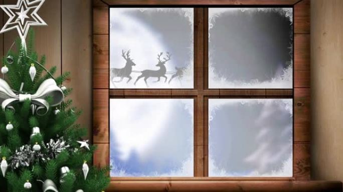 圣诞老人在雪橇上的动画，通过窗户和圣诞树看到驯鹿