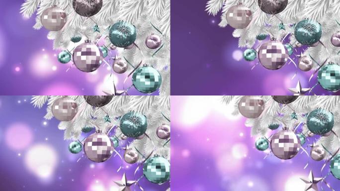 圣诞装饰品挂在圣诞树上，紫色背景上的光斑