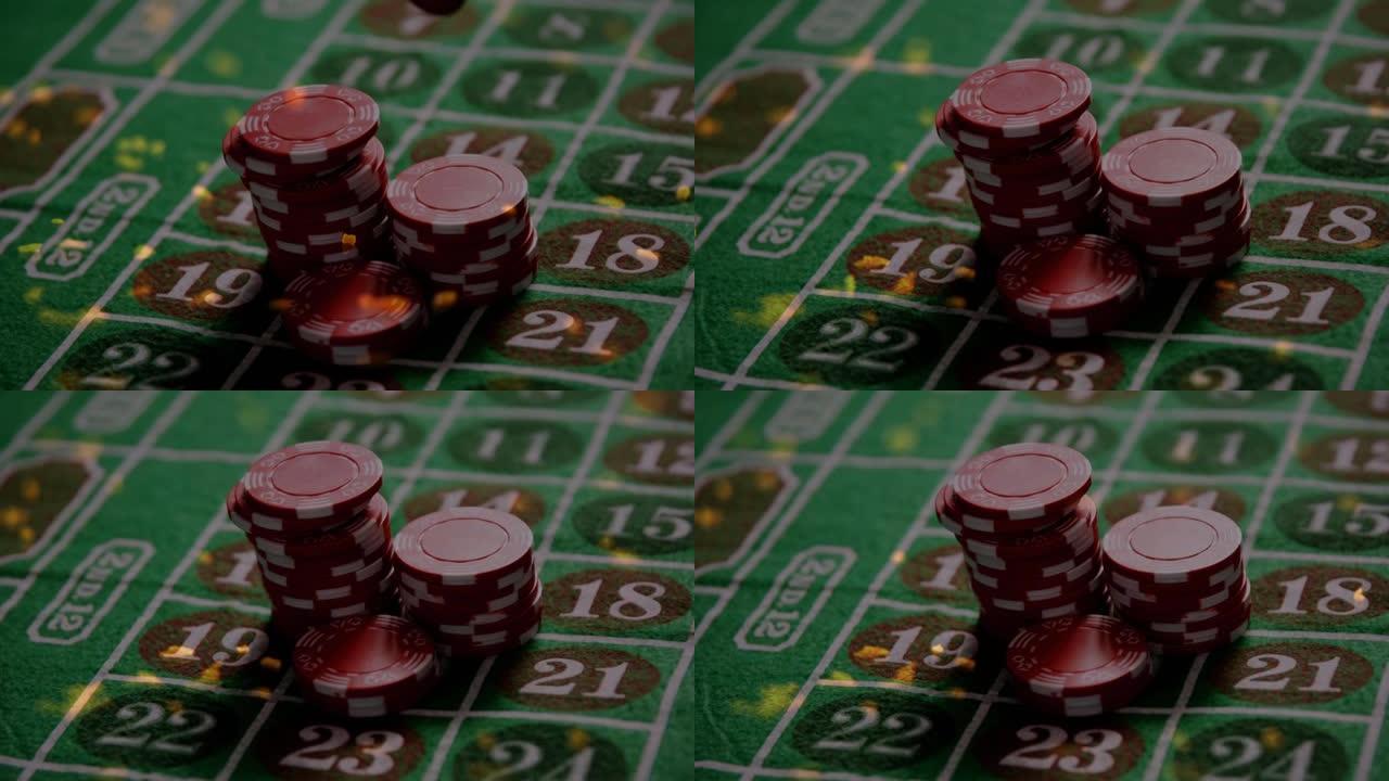 船上一叠叠赌场游戏筹码和卡片的动画