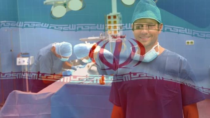 在手术室中，伊朗国旗在外科医生上的动画
