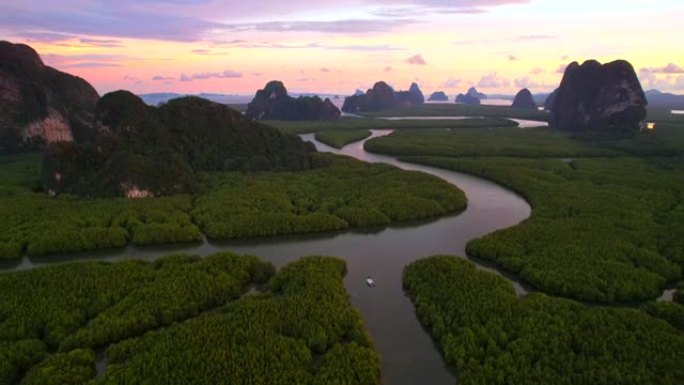 泰国攀牙省红树林的鸟瞰图日落场景，日出，4K(UHD)，海洋和红树林景观的空中拍摄