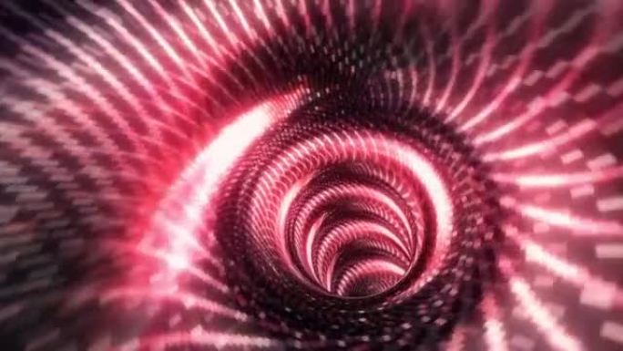 抽象网状发光红色未来派发光飞行线在隧道中的运动和照明光数字效果。未来派霓虹灯背景，紫外线发光线，激光