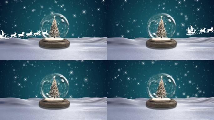 圣诞老人在雪橇上的动画与驯鹿在晚上的雪球上