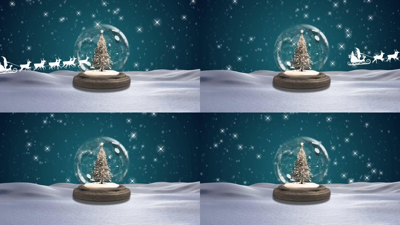 圣诞老人在雪橇上的动画与驯鹿在晚上的雪球上