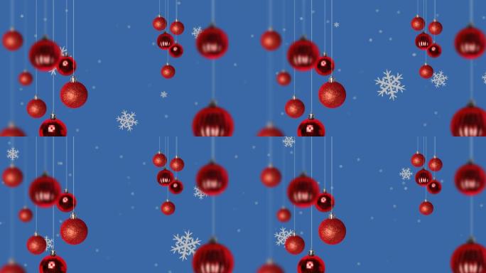 雪花落在蓝色背景上的圣诞节小玩意上的动画