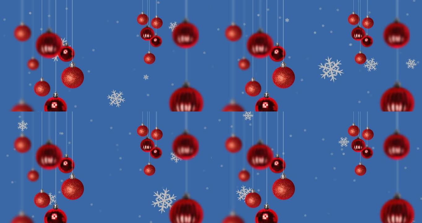 雪花落在蓝色背景上的圣诞节小玩意上的动画