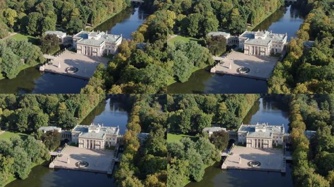 波兰华沙皇家浴场 (Lazienki公园) 水上宫殿的鸟瞰图