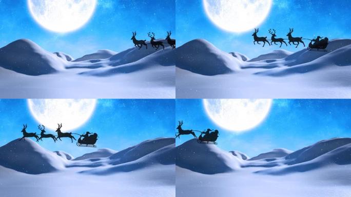 雪橇上的圣诞老人的剪影被驯鹿拉到冬天的积雪上