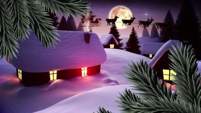 夜空中冬季景观上的多个房屋上的圣诞树