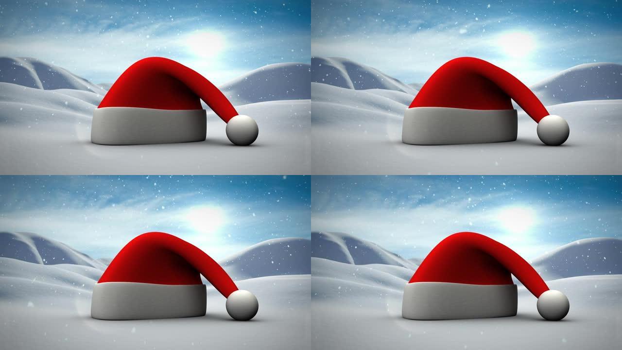 雪落在冬季景观上的圣诞老人帽子图标上