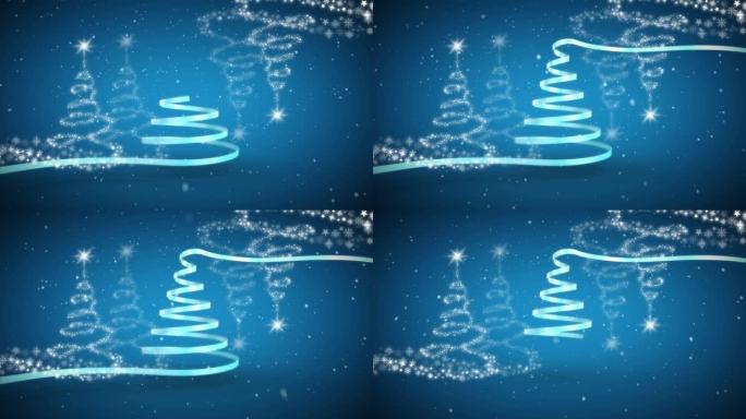 雪落在蓝色背景上的圣诞树图标上形成的圣诞树上