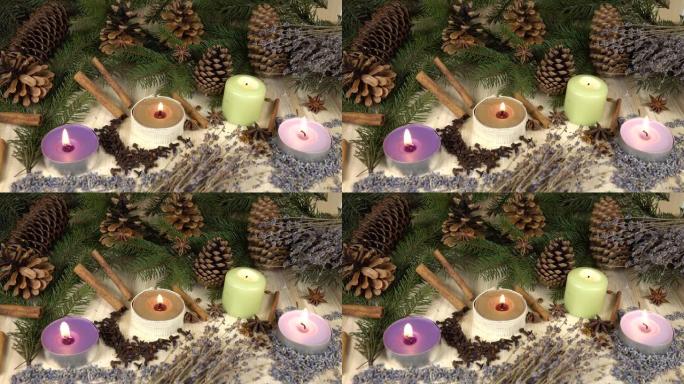 蜡烛、薰衣草干花、芳香香料
云杉树枝和圆锥体在桌子上，圣诞艺术花卉设计
