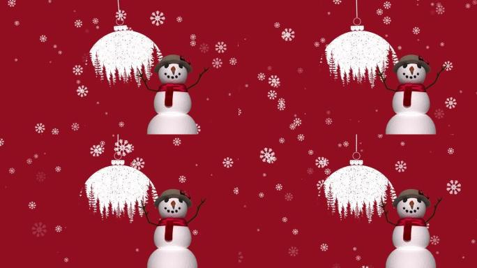 红色背景上雪花落在雪人和圣诞球上的动画