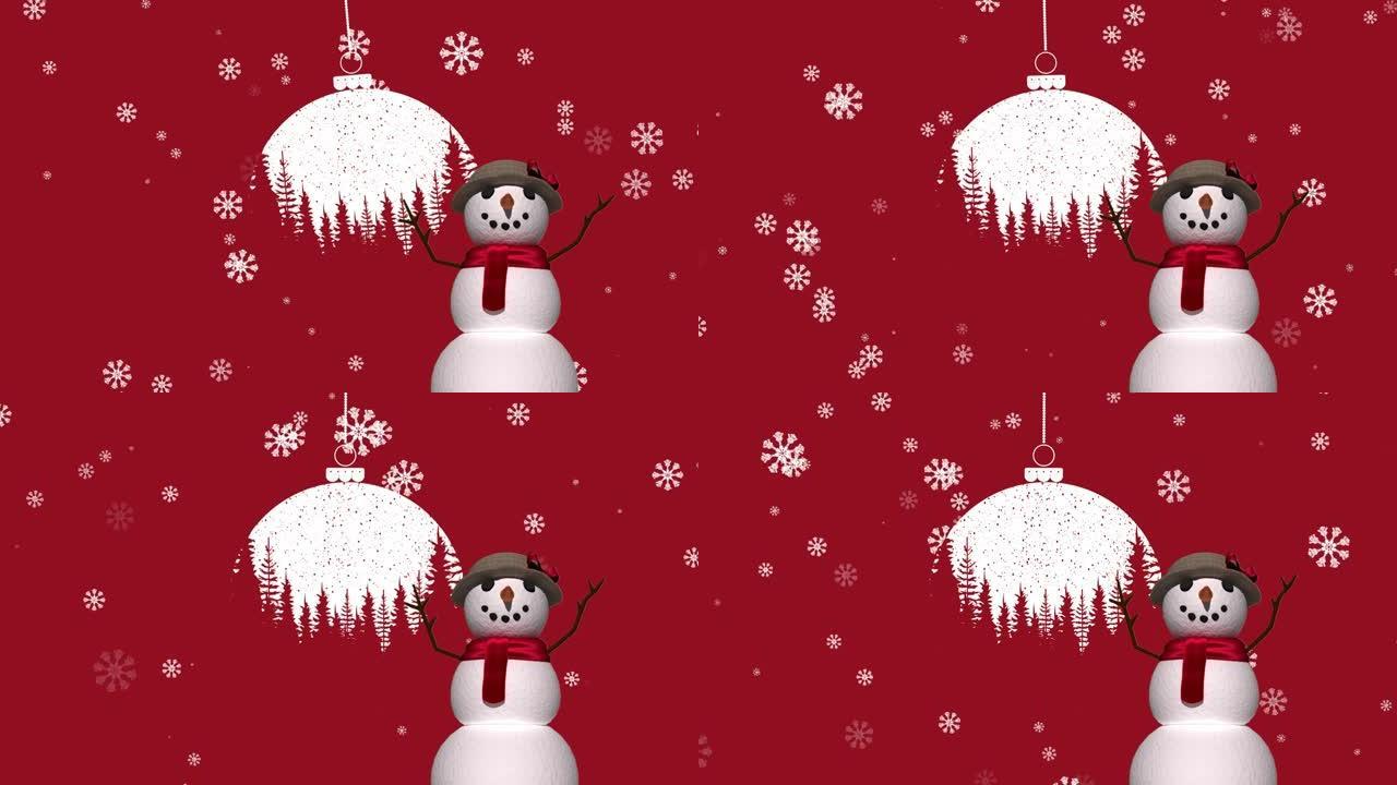 红色背景上雪花落在雪人和圣诞球上的动画