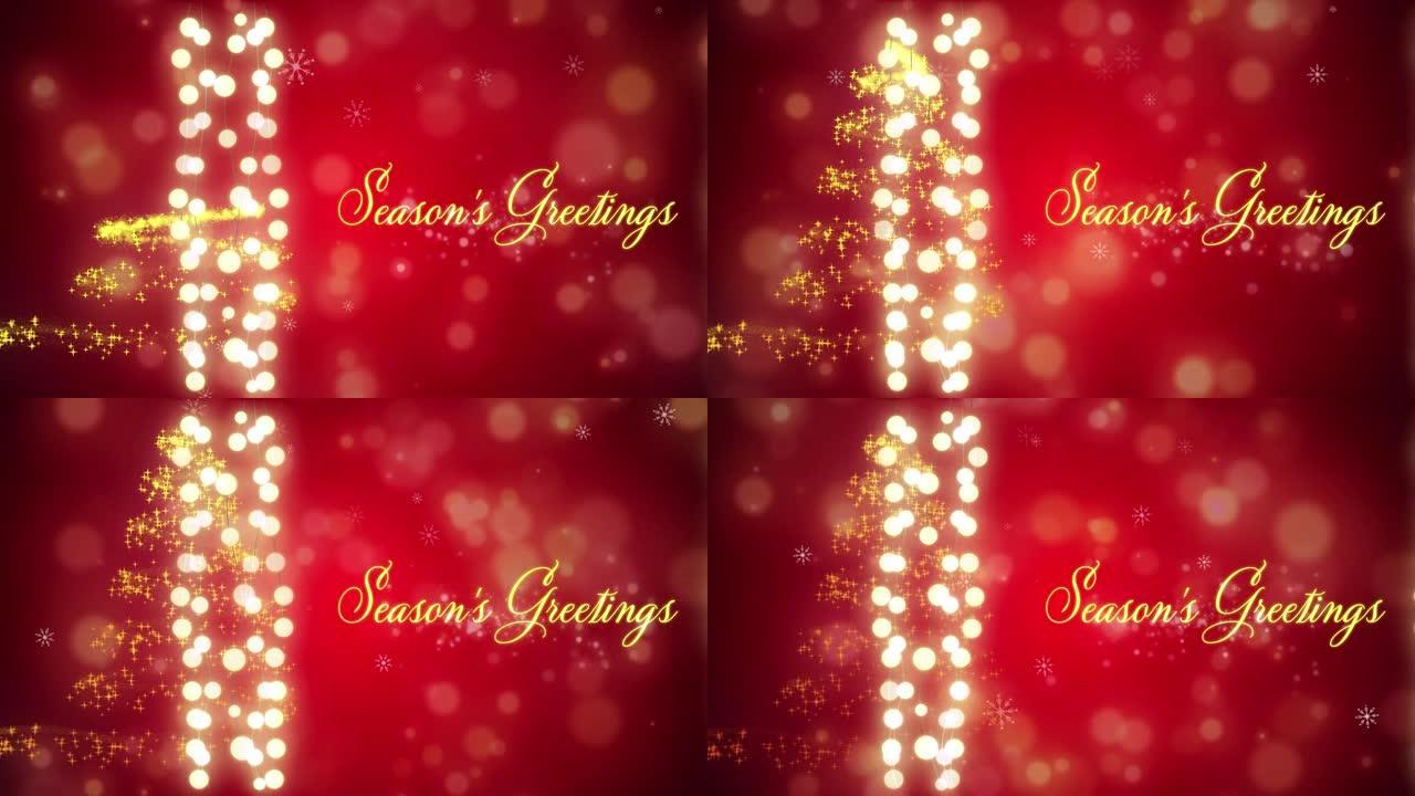 红色背景上的圣诞节问候和仙女灯的动画