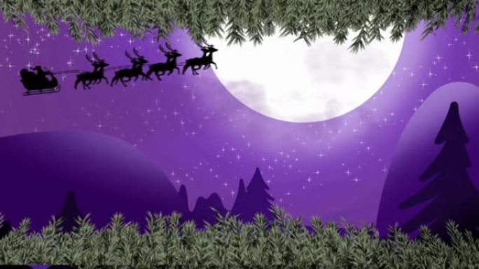 圣诞老人在雪橇上与驯鹿在冬季景观和月亮上的动画